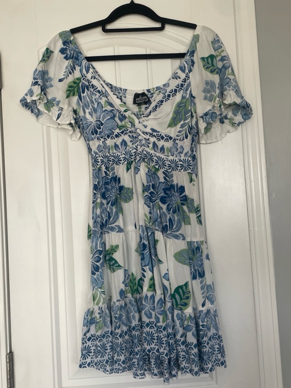 Angie White Blue Floral Mini Dress Womens Small Boho Cottagecore